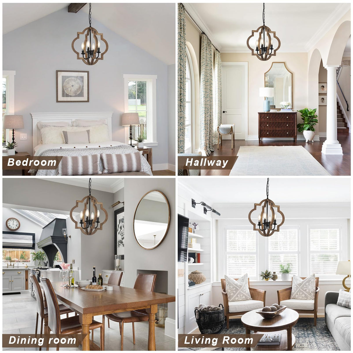 Farmhouse Chandelier Light Fixtures, 4-Light Dining Room Light Fixtures Over Table, Solid Wood Chandeliers for Dining Room, 15.7“ Brown Rustic Chandeliers for Living Room Kitchen Island Bedroom Foyer Stepeak