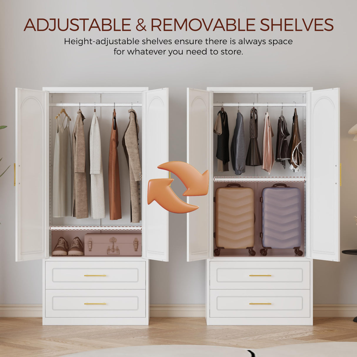 Kubohogar Metal Armoire Wardrobe Closet with 2 Drawers, 71" Tall Wardrobe Cabinet with Doors, Hanging Rod and Adjustable Shelves, White Clothing Storage Cabinets for Bedroom, Home Office Kubohogar