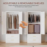 Kubohogar Metal Armoire Wardrobe Closet with 2 Drawers, 71" Tall Wardrobe Cabinet with Doors, Hanging Rod and Adjustable Shelves, White Clothing Storage Cabinets for Bedroom, Home Office Kubohogar