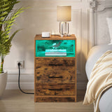 Seventable Nightstand with Wireless Charging Station and LED Lights, Rustic End Side Table with 3 Drawers and Open Compartment for Bedroom, Rustic Brown Seventable