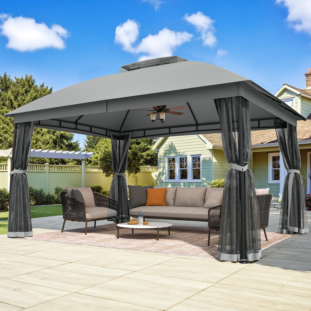 EROMMY 10 x 13 Patio Gazebo, Outdoor Waterproof Gazebo with Mosquito Netting, Sturdy Metal Canopy Gazebos with Double Air Roofs, Outdoor Tent for Backyard/Deck, Gray EROMMY