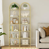 Homhedy Bookshelf Arched Display Racks,Metal Bookcase,Tempered Glass Shelves,Storage Rack Shelf for Home Office,Living Room,Bedroom, Bathroom,Modern Style (Golden, 11.8" D x 13.8" W x 68.1" H) Homhedy