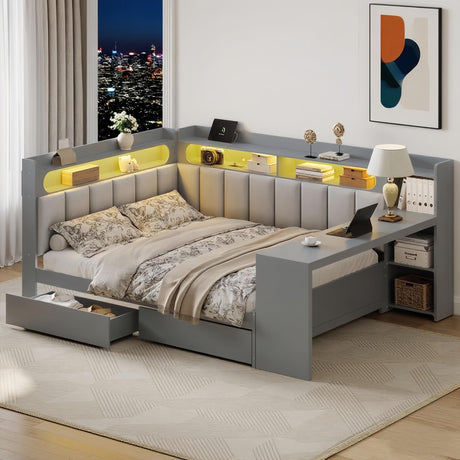 MaiDeHaoo Full Size Daybed with Storage Shelves and Upholstered Headboard, Corner Bed Frame with L-Shaped Bookcase, Drawers and Charging Station, Captains Bedframe with LED Light and Backrest, Grey MaiDeHaoo