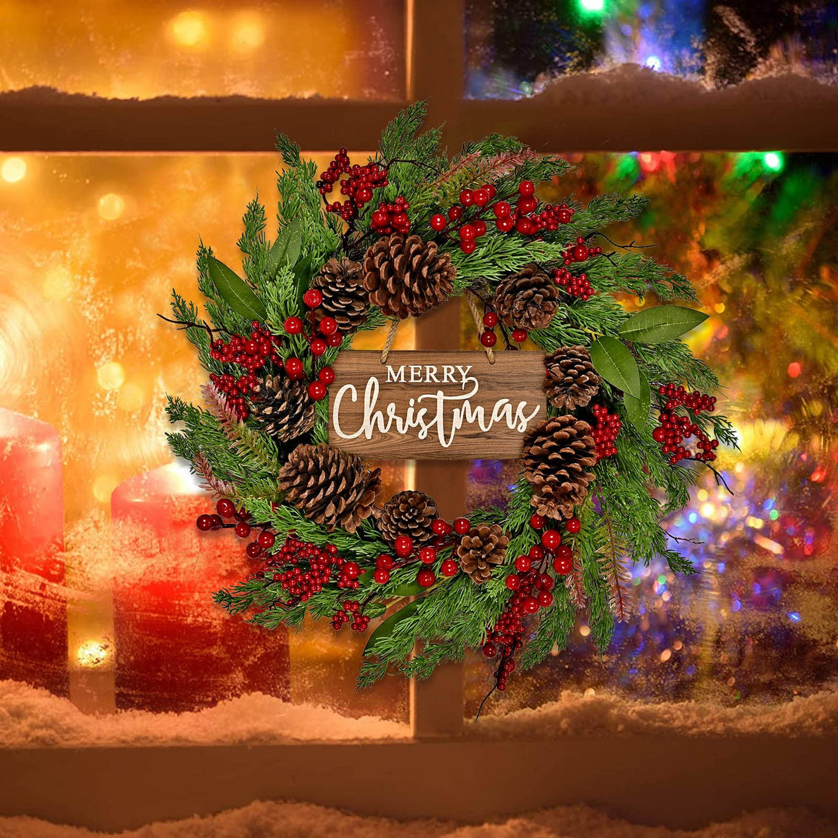 20 Inch Christmas Wreath with Pinecone Berries Christmas Decorations Front Door Wreath for Outdoor Indoor Party Wall Table Home Decor Brown Sign PGANDS