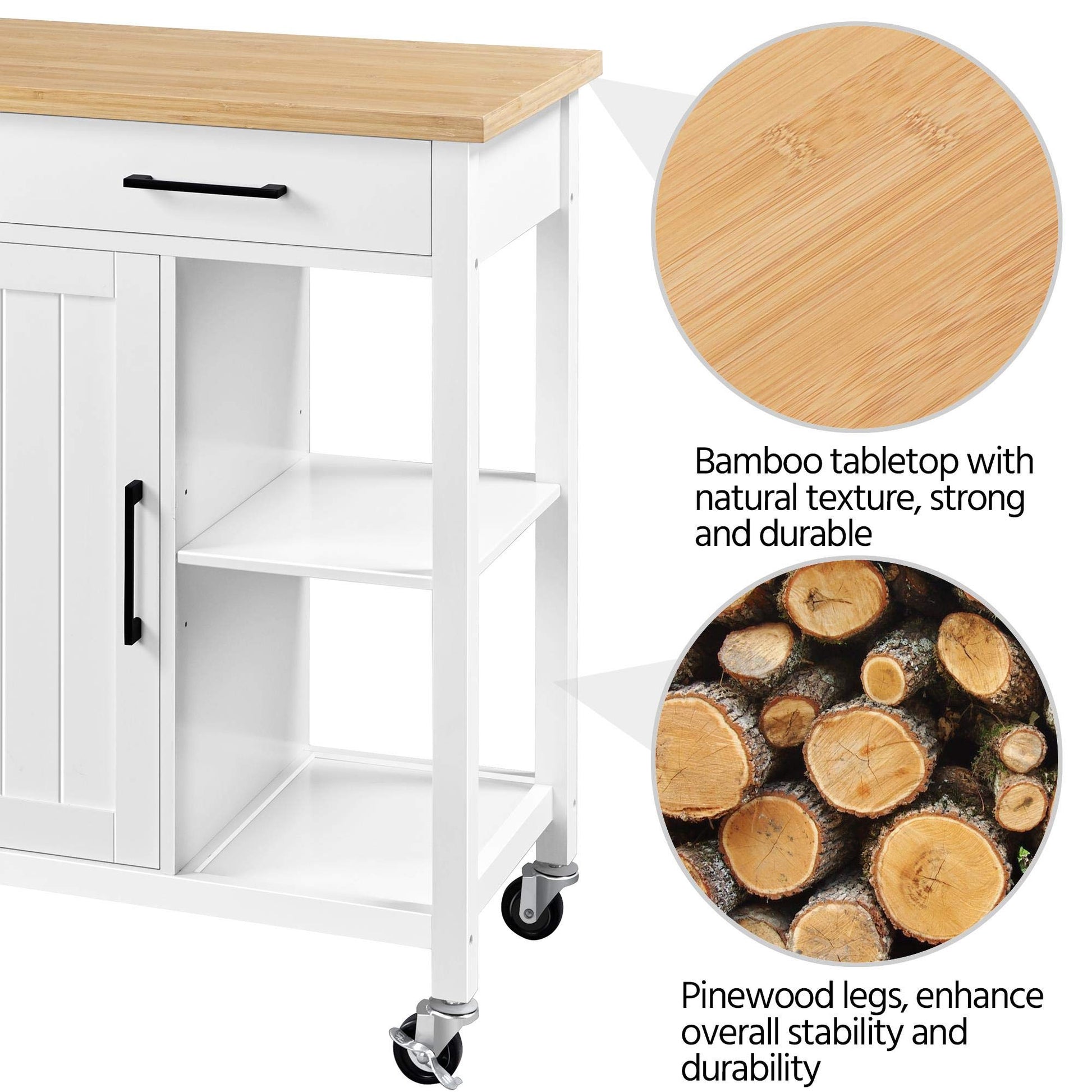 Yaheetech Kitchen Island Cart with Bamboo Countertop, Rolling Kitchen Storage Trolley with 2 Drawers and Adjustable Shelves, Compartment Cabinets and Towel Bar, 38.5x18x36 Inches, White - WoodArtSupply