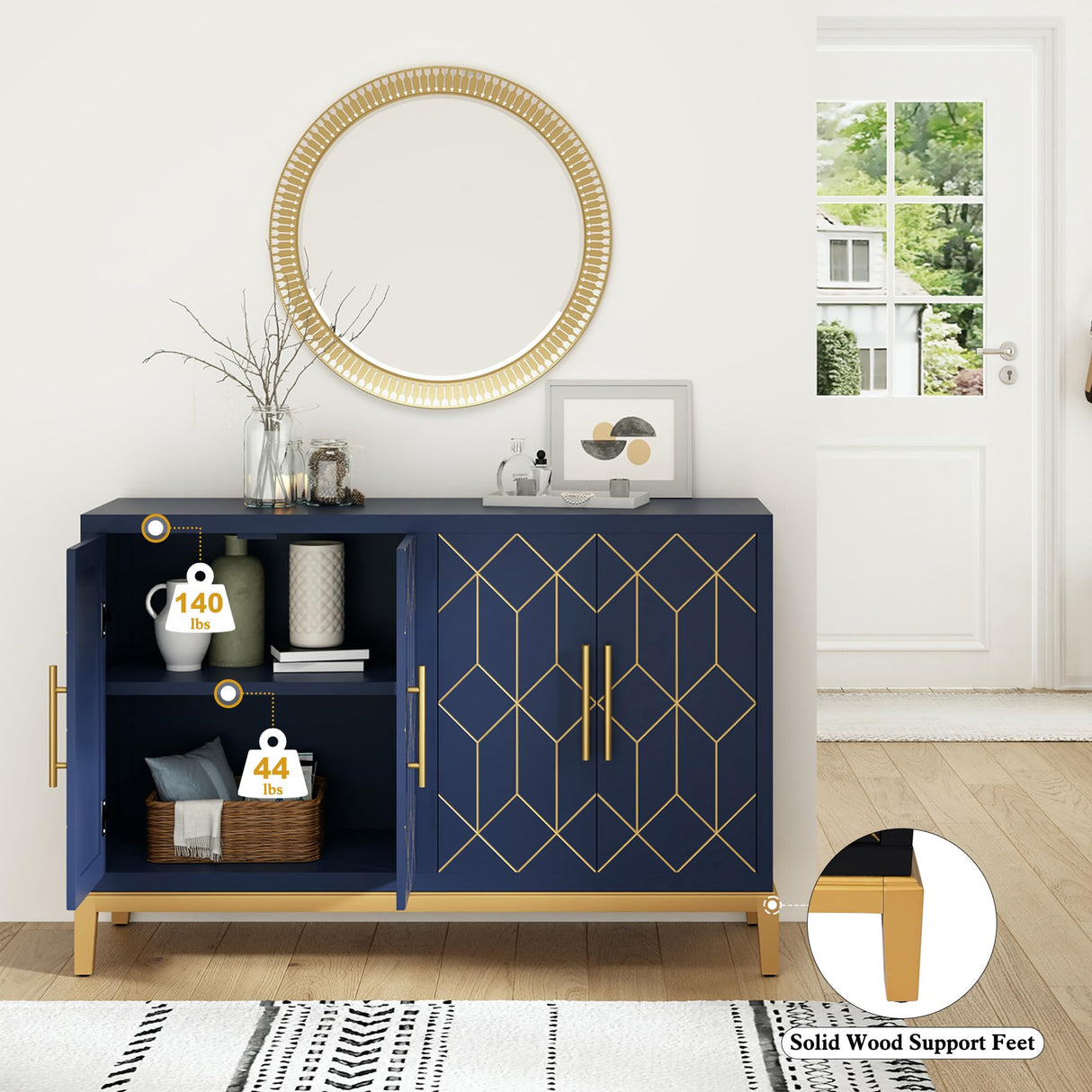 HLR 48" Accent Cabinet with 4 Doors and Shelves, Modern Credenza Storage Cabinet with Gold Trim, Sideboard Buffet for Living Room, Kitchen, Dining Room, Hallway, Blue HLR