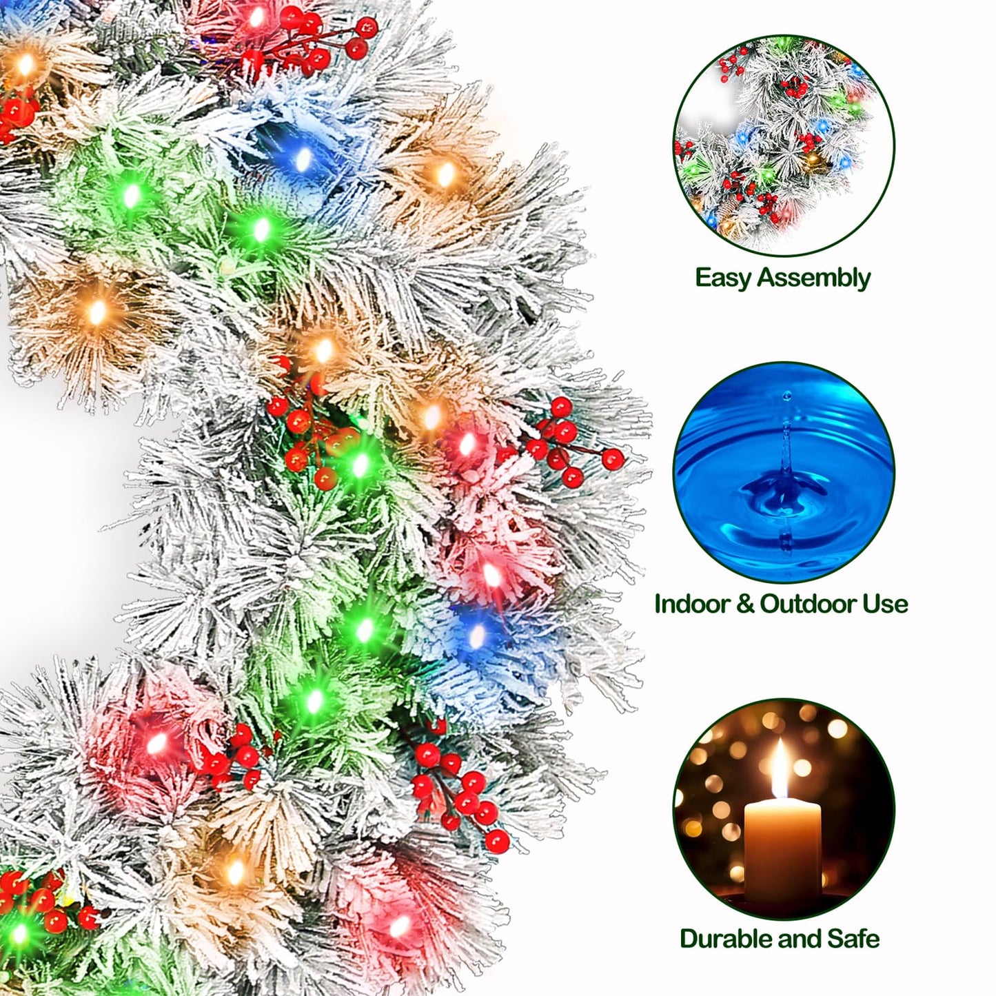 Hykolity 36 in. Lighted Snow Flocked Artificial Christmas Wreath with 150 Multicolor LED Lights, 262 Tips, Frosted Wintry Pine Wreath with Timer & Hanger, Pine Cones, Berry Clusters, Battery Operated