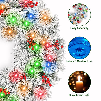 Hykolity 36 in. Lighted Snow Flocked Artificial Christmas Wreath with 150 Multicolor LED Lights, 262 Tips, Frosted Wintry Pine Wreath with Timer & Hanger, Pine Cones, Berry Clusters, Battery Operated