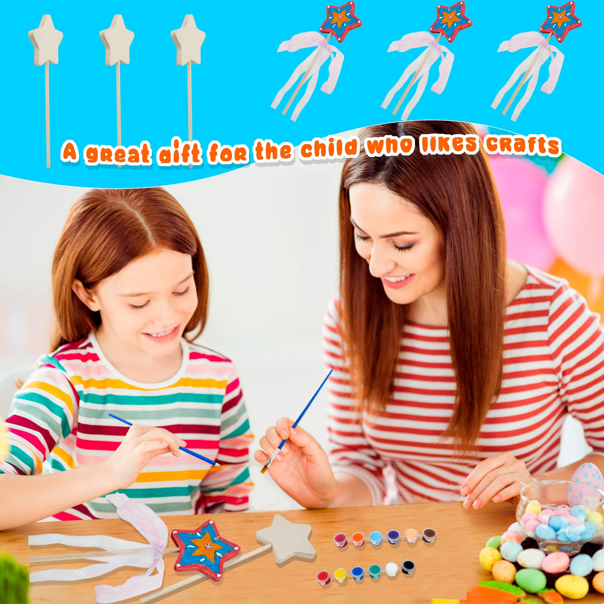 57 Pcs Make Your Own Wooden Princess Wand DIY Fairy Wands Kit Include 20 Pcs 3D Wooden Star Wands 5 Gem Stickers 20 Ribbons 12 Painting Props for Painting Crafts Birthday Party Supplies Holiday Gifts Plukeen
