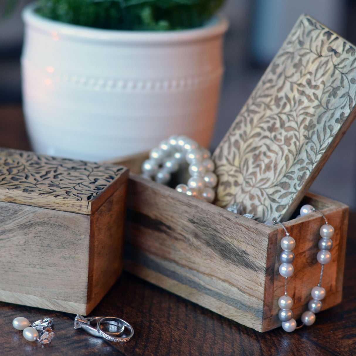 WHW Whole House Worlds Decorative Wood Boxes, Set of 2, CarvedLeaf and Vine Details, Removable Lids, Durable Brown Mango, 6 Inches WHW Whole House Worlds