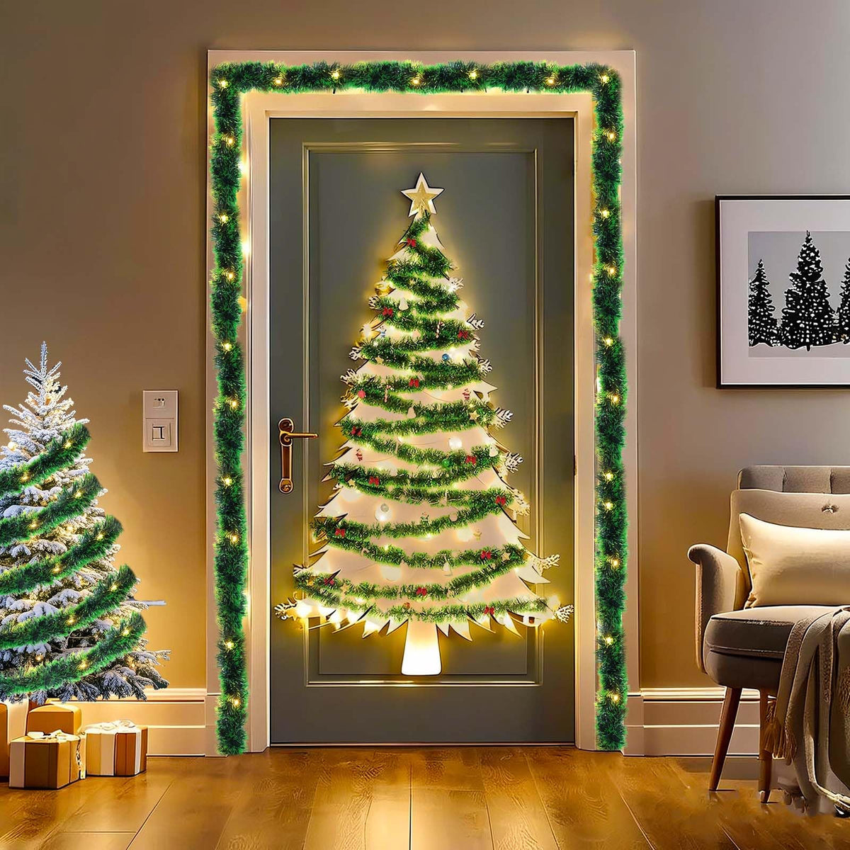 2 Pack Christmas Garland with Lights, Total 38 Feet 80 Led Battery Operated Pre-Lit Long Garland for Stairs Railing Fireplace Mantle Office Door Frame Decor Green Greenery Indoor Outdoor Decorations UZKEW