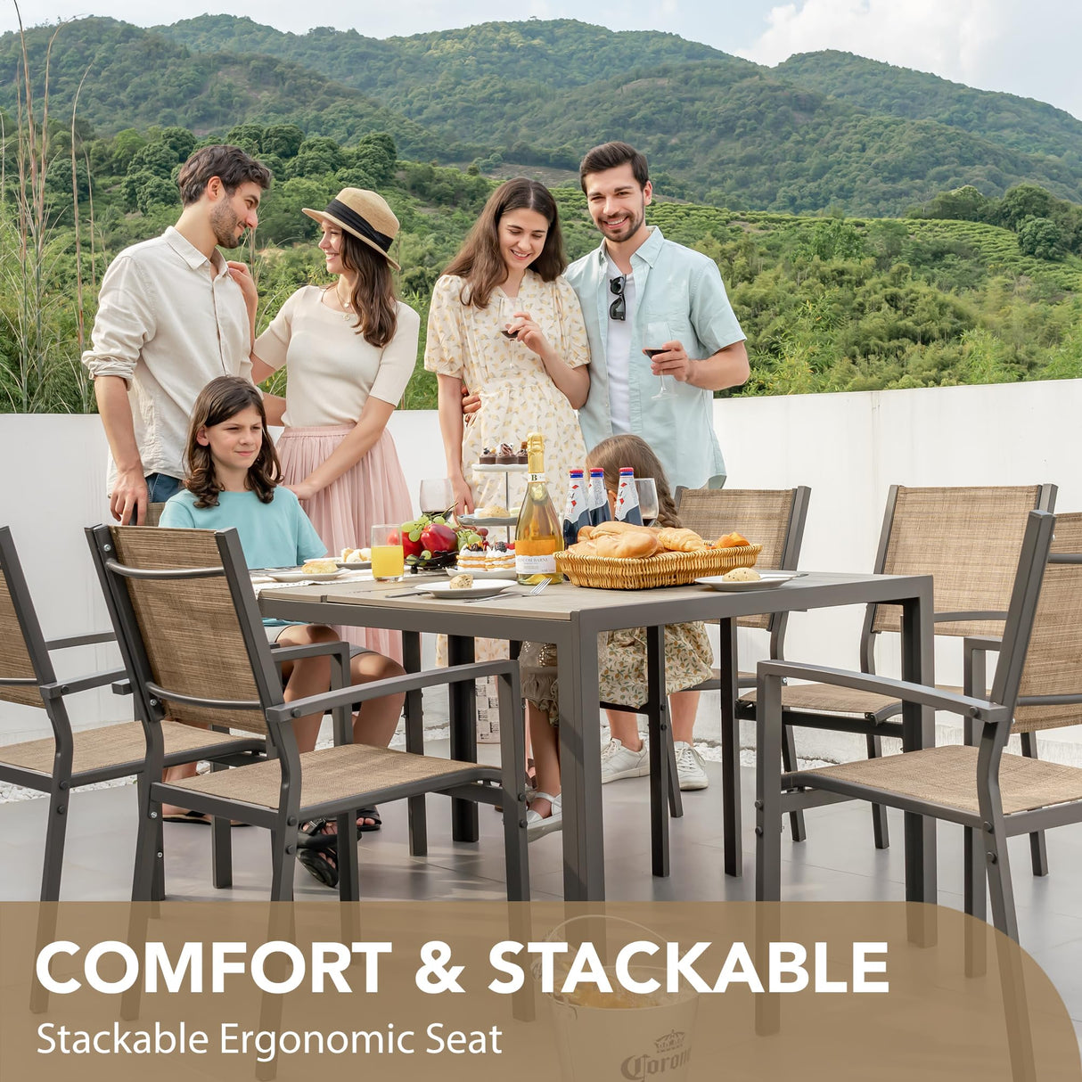 Devoko Patio Dining Set 7 Piece Outdoor Furniture with Rectangular Table and 6 Stackable Chairs Family Conversation Set for Garden Backyard Deck (Brown) Devoko