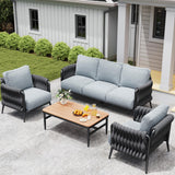 Jocoevol Outdoor Patio Furniture Set 6-Piece, Outdoor 5-Seat Sofa with Coffee Table, Waterproof Thick Cushion Patio Conversation Set, All Weather Outdoor Couch Set for Deck, Lawn, Balcony, Porch Jocoevol