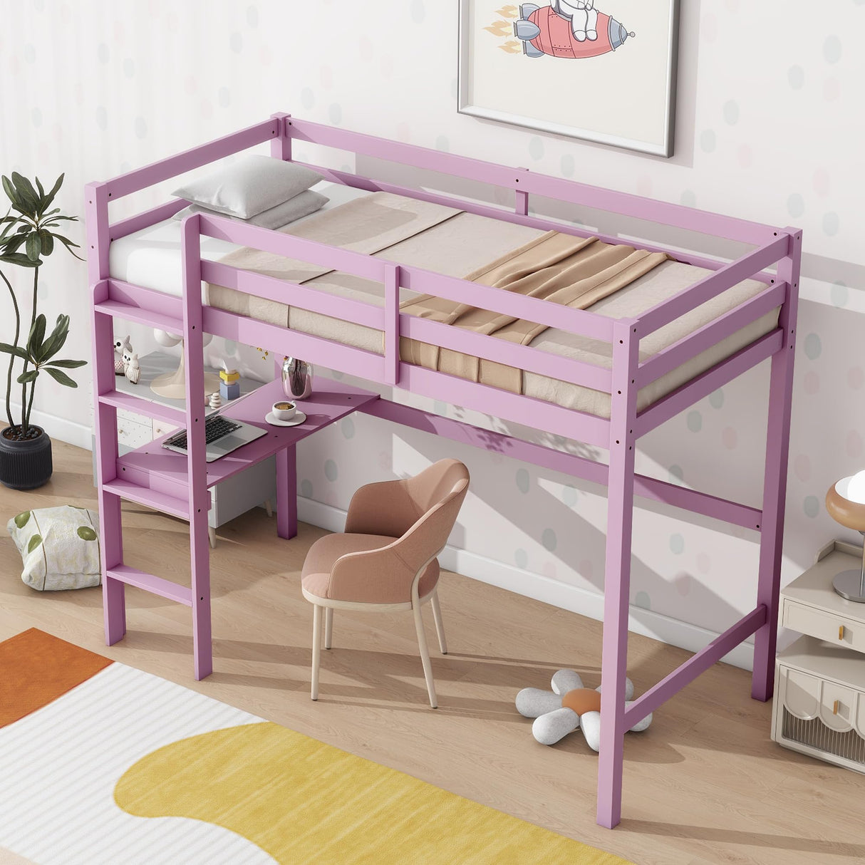 Bellemave Twin Loft Bed with Desk,Loft Bed for Kids, Boys, Girls,Wooden Loft Bed Frame,Built in Desk and Ladder, Pink（Rubber Wood） Bellemave