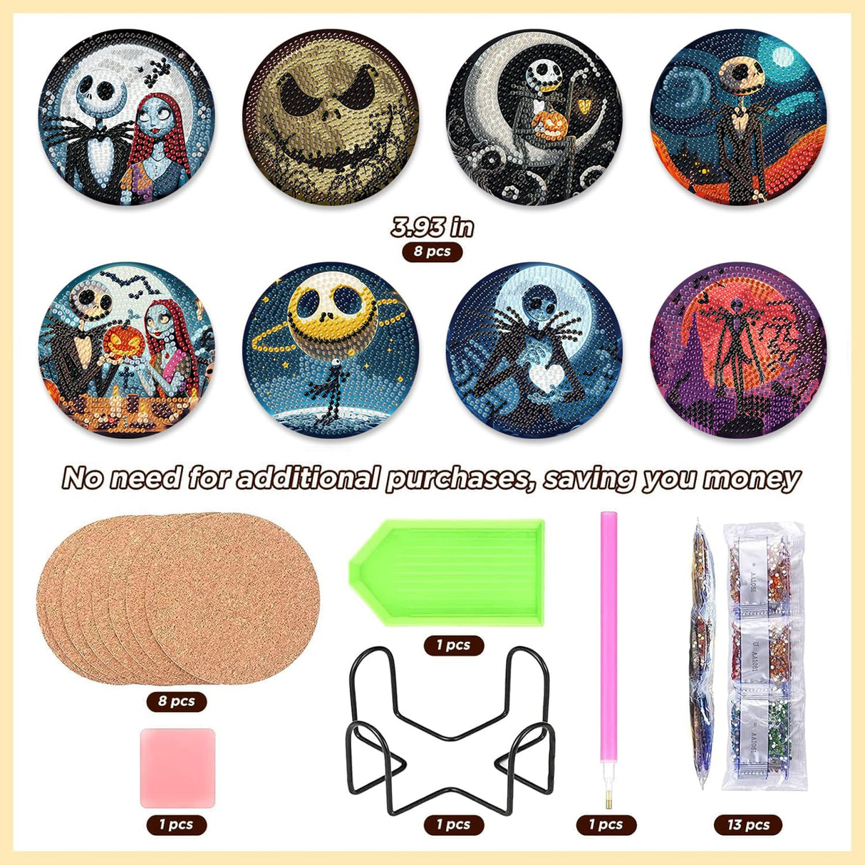 8 Pcs Halloween Diamond Painting Coasters Kits for Adults Beginners, DIY Horror Skull Diamond Art Coasters with Holder, Full Drill Rhinestone Painting Coaster Kits for Supplies Gifts 4X4 Inch. MBNTJHT