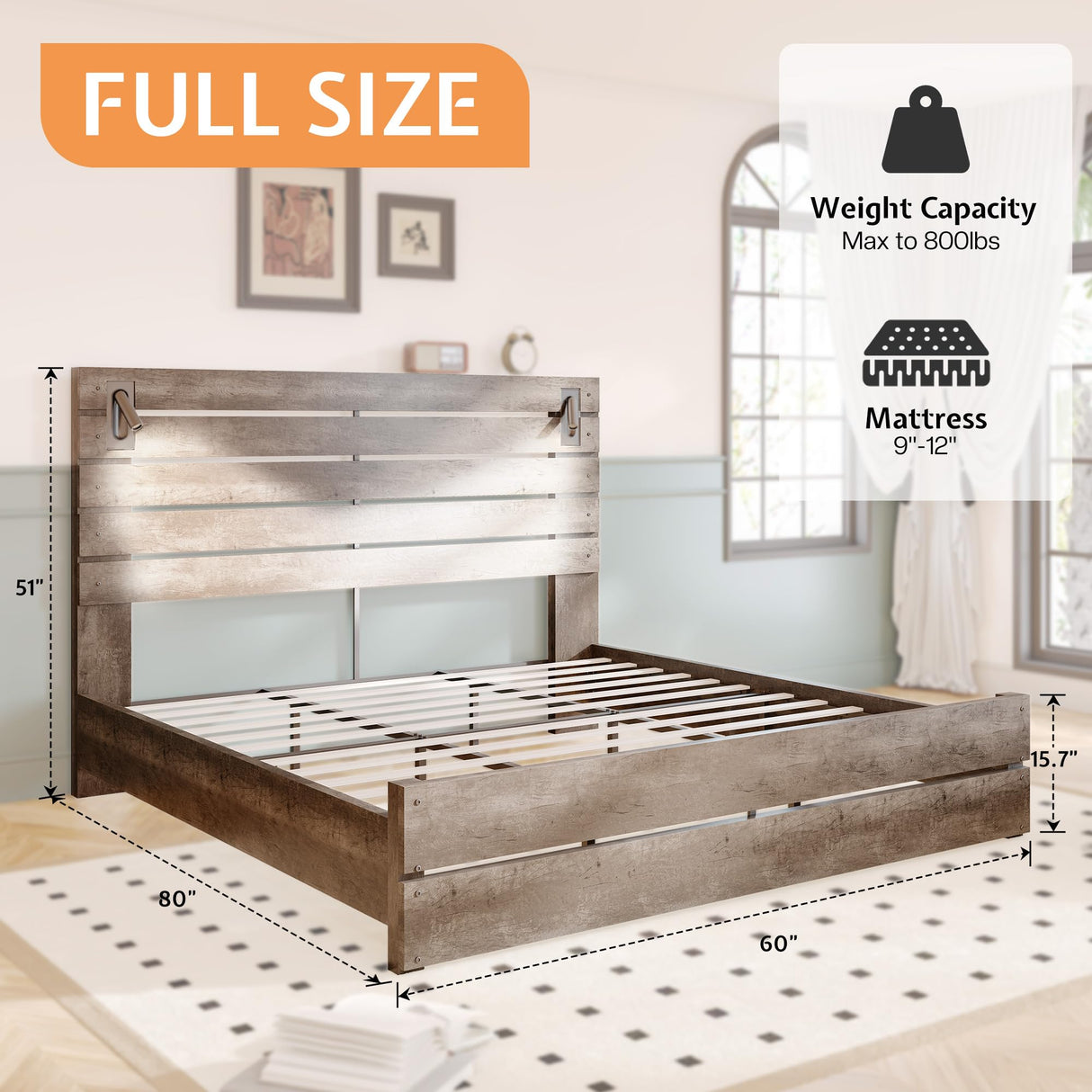 Jocisland Full Size Farmhouse Bed Frame with 51" Headboard, LED Reading Lights, Rustic Wood Look, No Box Spring Needed, Rustic Gray Jocisland
