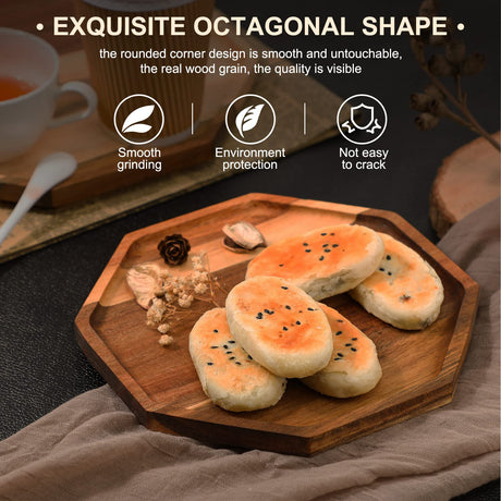 Set of 3 Acacia Wood Serving Trays (8'' 10'' 12'') Octagon Wooden Home Decor Platters for Fruit, Vegetables, Dessert, Cheese, Appetizer Serving Tray, Party Entertaining, Charcuterie Board Fumete