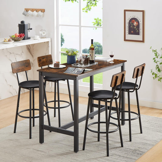 Dining Table Set for 4 Bar Table and Chairs Set, Industrial Counter Height Bar Table Set with 4 PU Upholstered Seat Stools with Backrest & Footrest, for Home & Kitchen Breakfast, Rustic Brown