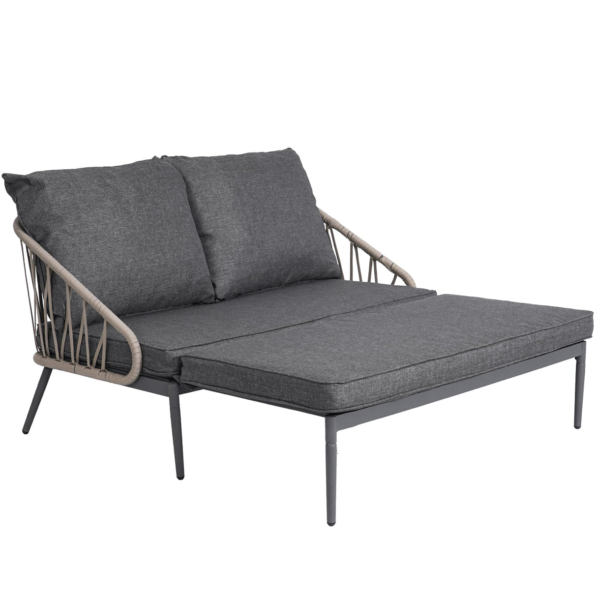 COMLAX FIELD Patio Adjustable Daybed, 2-Person Outdoor Daybed with Cushions and Pillows, Woven Rope Patio Loveseat Garden Adjustable Reclining Chaise Lounge for Lawn, Poolside, Grey COMLAX FIELD