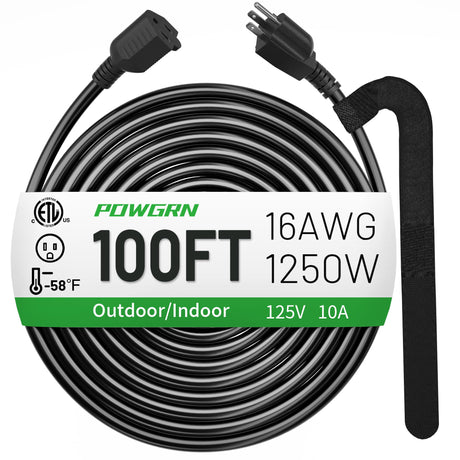 POWGRN 100 FT 16/3 Black Indoor Outdoor Extension Cord Waterproof, 3 Prong Flexblie SJTW Cold Weatherproof -50°C Appliance Extension Cord 10 AMP 1250W 16AWG Heavy Duty Electric Cord, POWGRN ETL Listed POWGRN