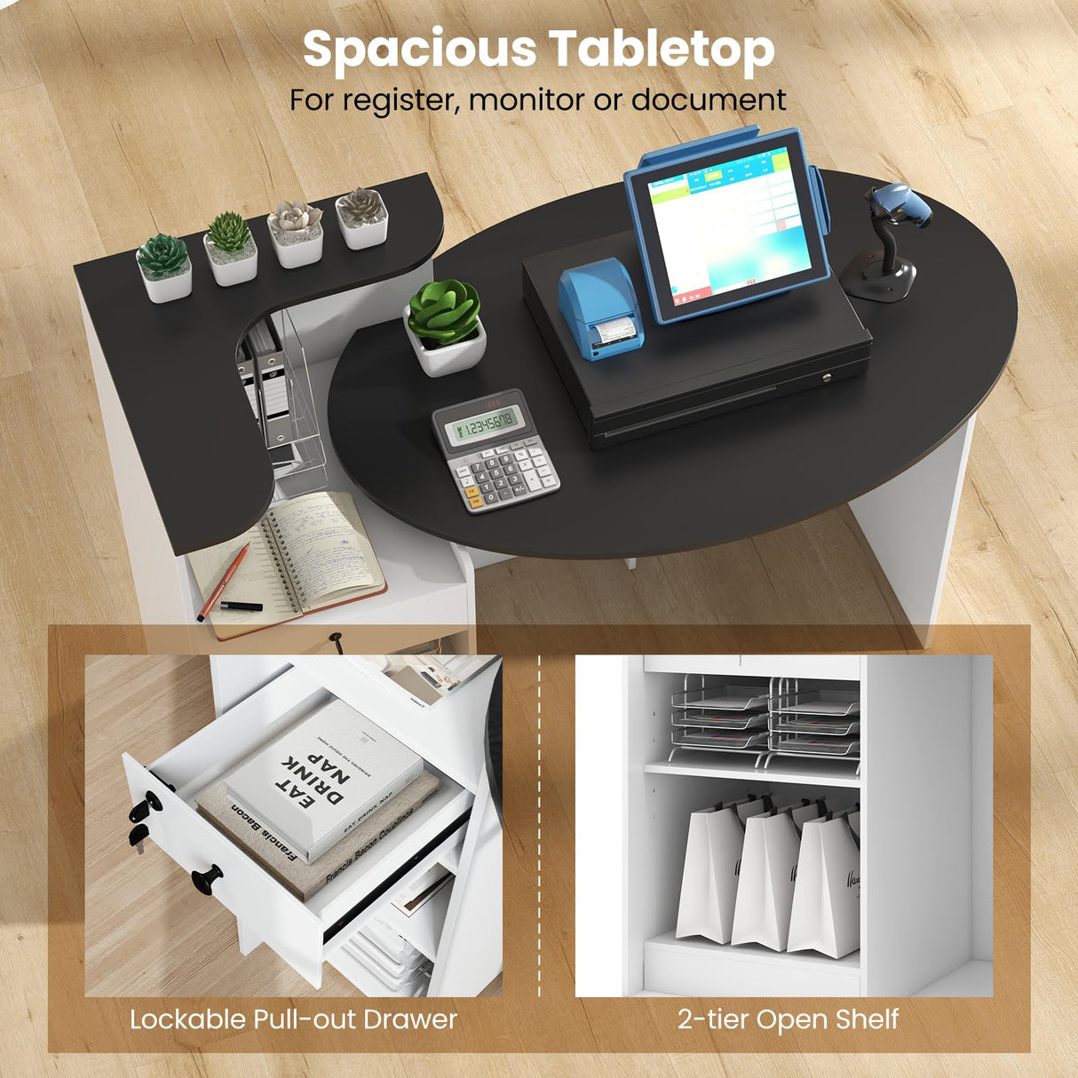 GOFLAME Reception Desk with Lockable Drawer & Adjustable Shelf, Front Counter with Oval Tabletop, Retail Register Stand, Office Computer Desk for Hotel, Black + White GOFLAME