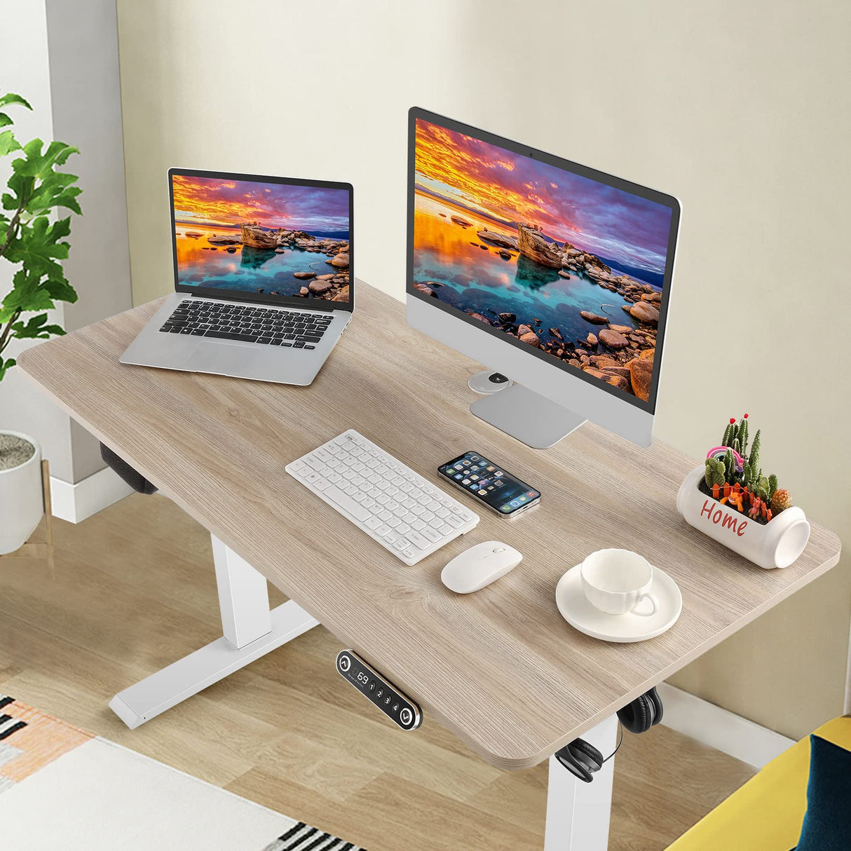 farexon 48 x 24 inch Standing Desk Electric Adjustable Height with Charging Station, Stand up Desk with Ergonomic Workstation, 4 Preset Heights Easy to Set（Oak Grey farexon