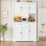 FINETONES Pantry Cabinet with Charging Station and LED Lights, 71" Tall Kitchen Pantry Cabinet with Microwave Stand, Modern Kitchen Hutch Cabinet with Storage Drawer for Kitchen, Dining Room, White FINETONES