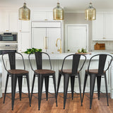 Yongqiang 26 inch Bar Stools Set of 4 High Back Metal Kitchen Counter Height Chairs Barstools with Wooden Seat Industrial Matte Black Yongqiang