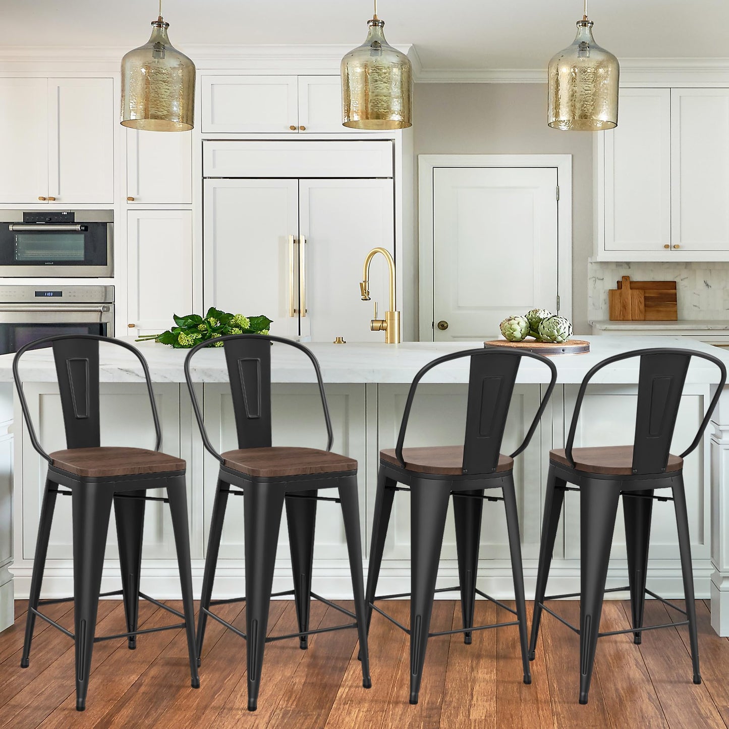 Yongqiang Barstools Set of 4 Counter Height Bar Stools for Kitchen Island Farmhouse Metal High Back Bar Chairs Wooden Seat 24" Matte Black