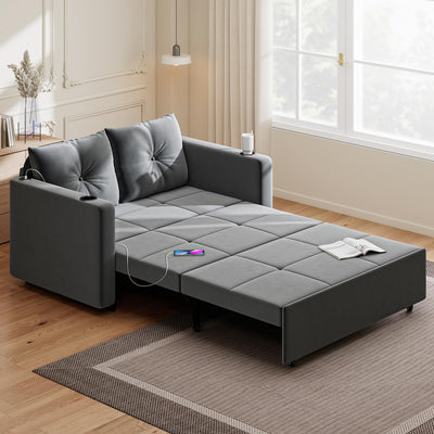 Krcix 3 in 1 Pull Out Couch, 56 Inch Velvet Sofa Bed, Convertible Loveseat Sleeper Sofa for Living Room, Small Space, Upholstered Couch Bed with USB, Cup Holder(Grey)