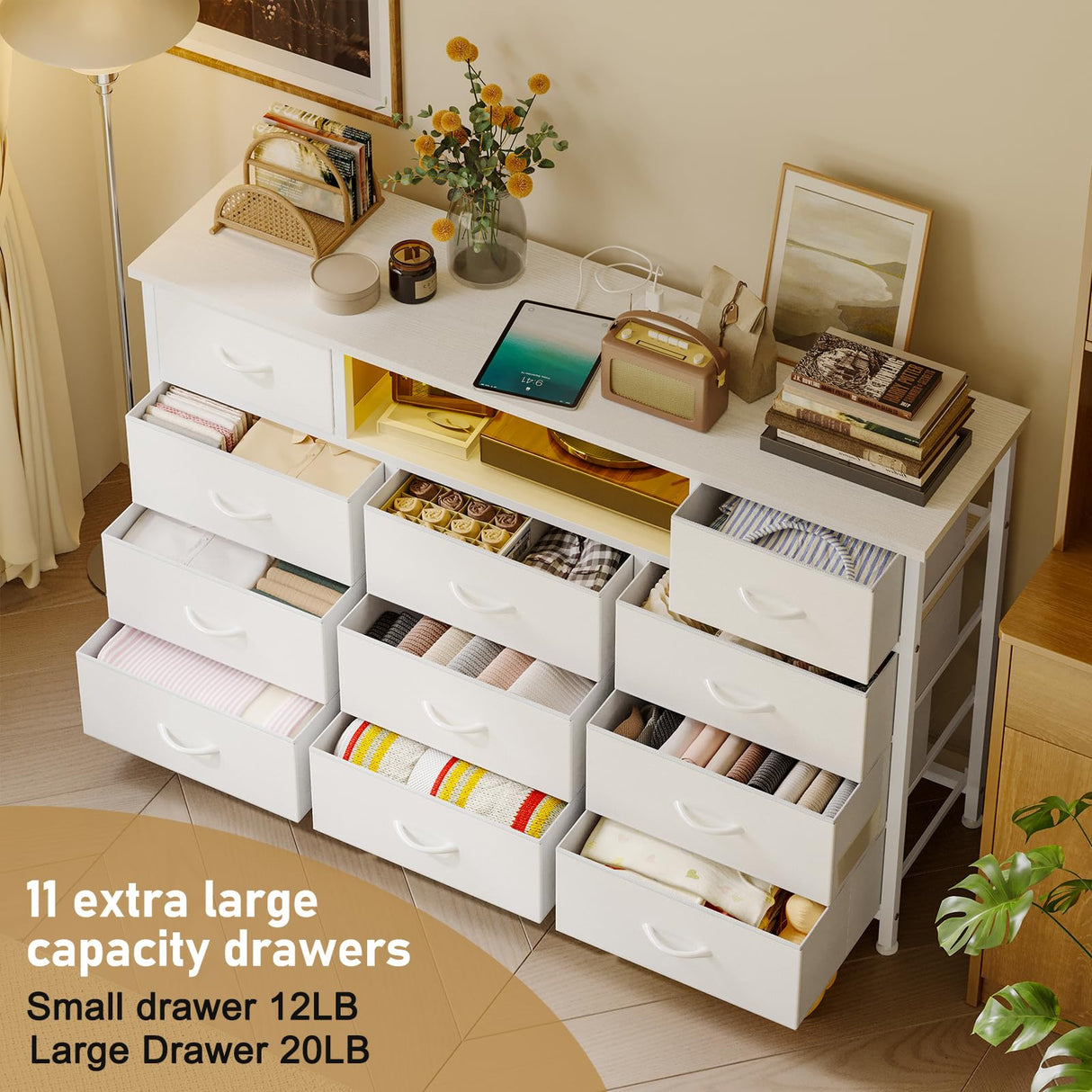 YGEOMER 59 Inches Long Dresser White Dresser or Bedroom 65-inch TV Stand with Charging Station and LED Lights, Fabric Chest of Drawers with PU Finish for Bedroom, Entryway YGEOMER