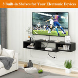 IBUYKE 59" Floating TV Stand Wall Mounted with Power Outlet,Wood Wall Mounted Media Console Shelf,Floating Entertainment Center for Under TV Storage for Living Room Bedroom Office,Black WST007B IBUYKE