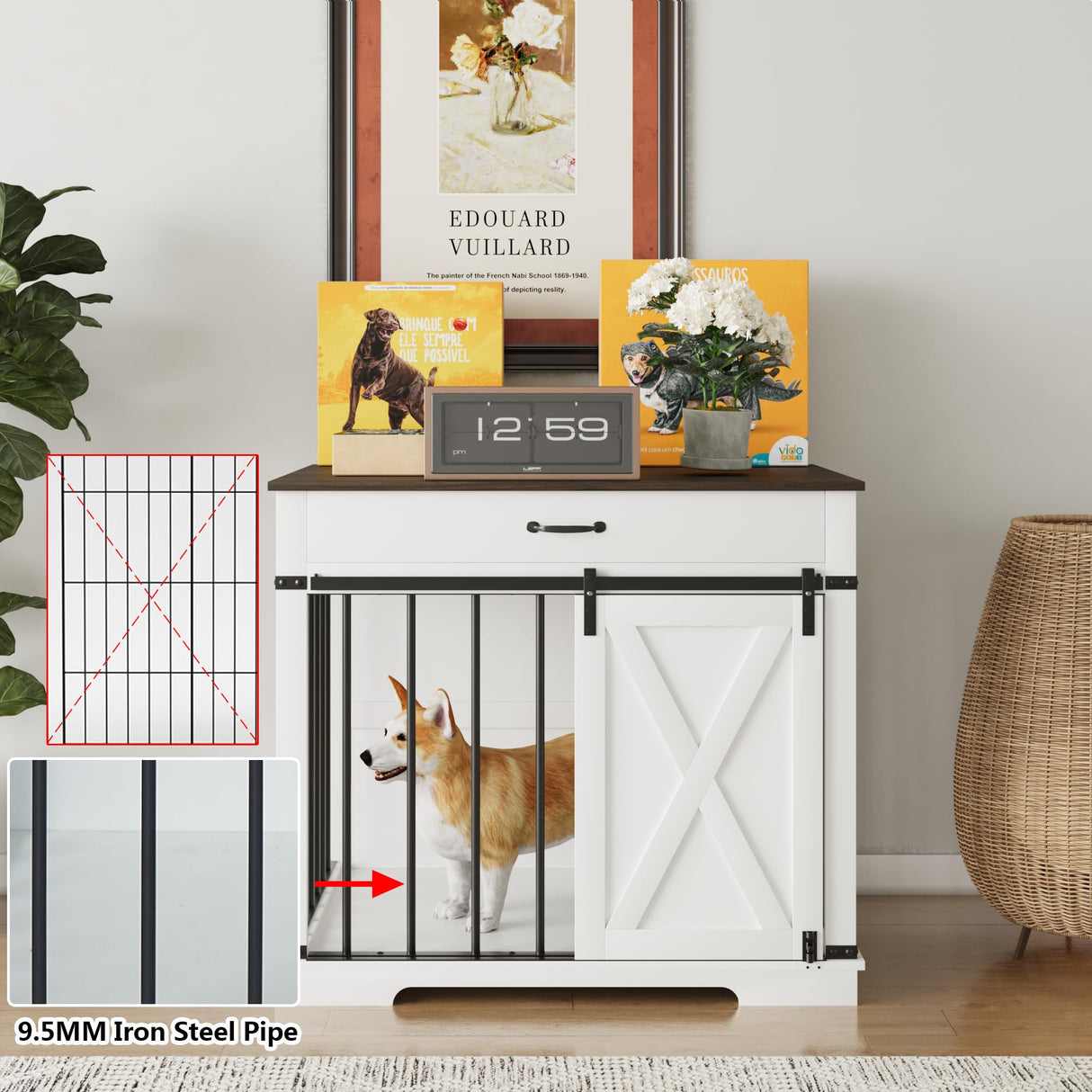 Aoowow Dog Crate Furniture 38" Wooden Dog Kennel Indoor with Sliding Barn Door,Heavy Duty Dog Crate Decorative Dog House with Drawer Dog Cage End Table for Small Medium Dogs,White Aoowow