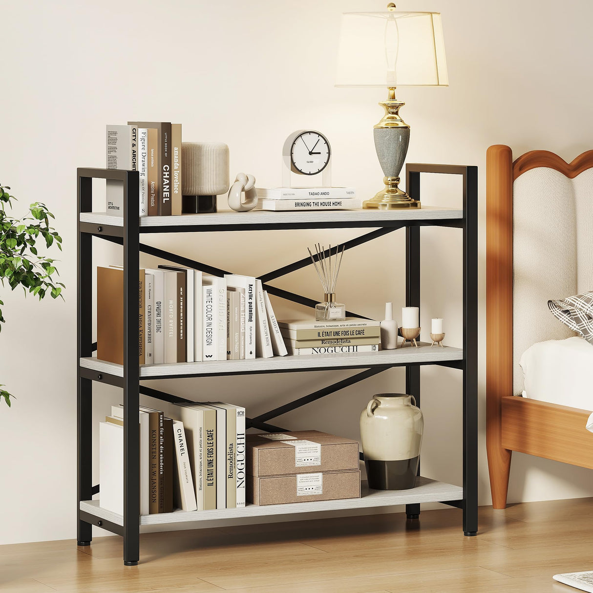 Homeiju 3 Tier Bookshelf 31.49" Width, Wood and Metal Etagere Bookcase, Vintage Farmhouse Modern Wooden Big Book Shelf for Home Living Room Bedroom Office Storage(White) Homeiju