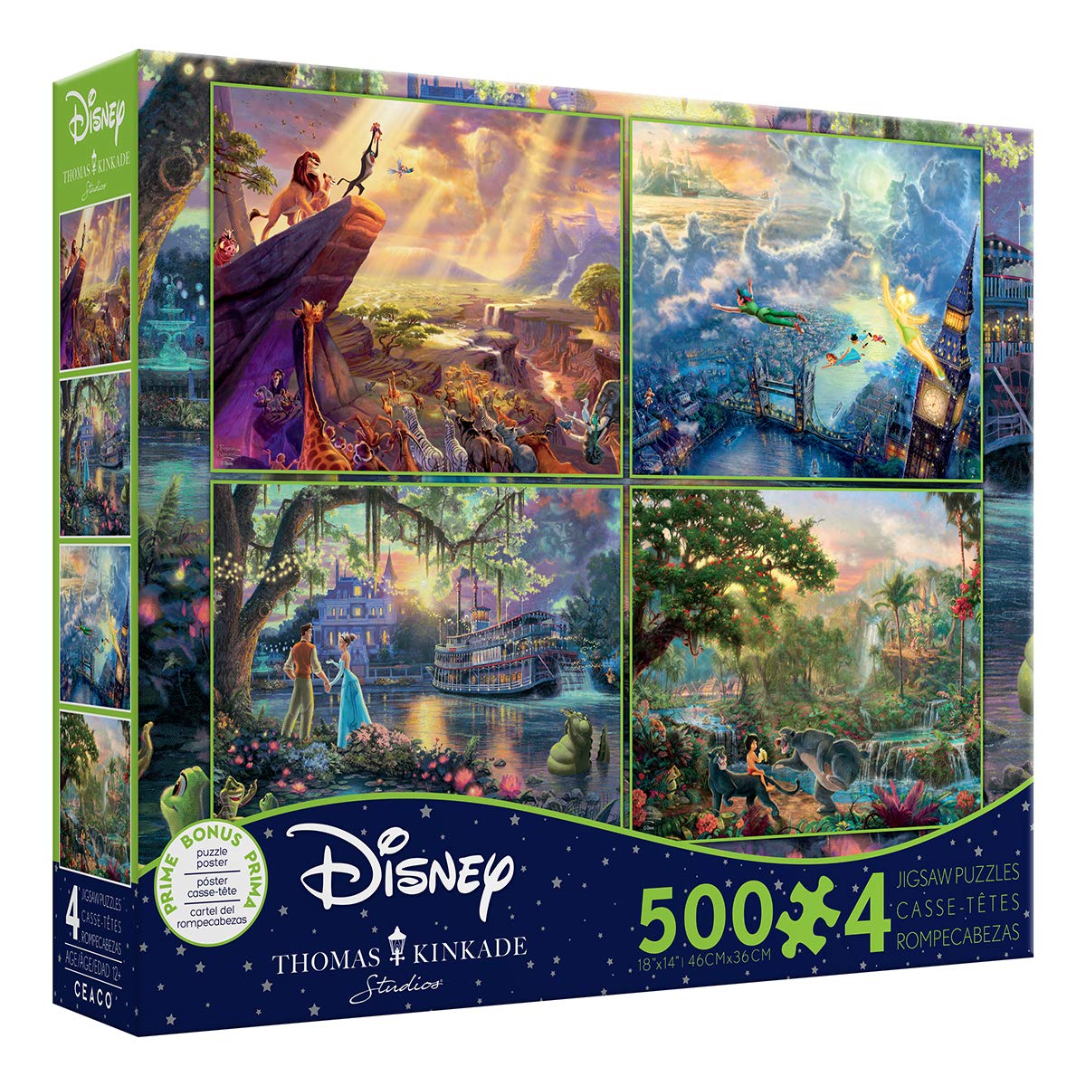 Ceaco - 4 in 1 Multipack - Thomas Kinkade - Disney Dreams Collection - Lion King, Peter Pan, Princess & the Frog, & Jungle Book - (4) 500 Piece Jigsaw Puzzles