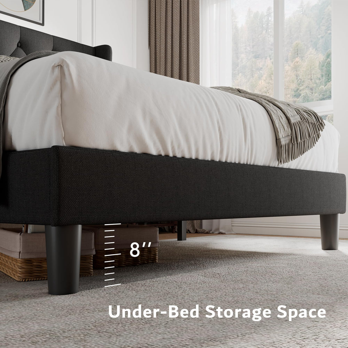 iPormis King Size Platform Bed Frame with Button Tufted Headboard, Upholstered Bed Frame with Solid Wooden Slats, 8" Underbed Space, No Box Spring Needed, Noise Free, Easy Assembly, Black iPormis