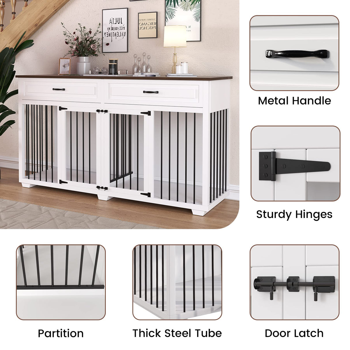 BTLCKVIN Large White Dog Crate with Removable Irons, XXL Size, Indestructible, Two Rooms Design, 72.4" x 22.4" x 34.1" BTLCKVIN