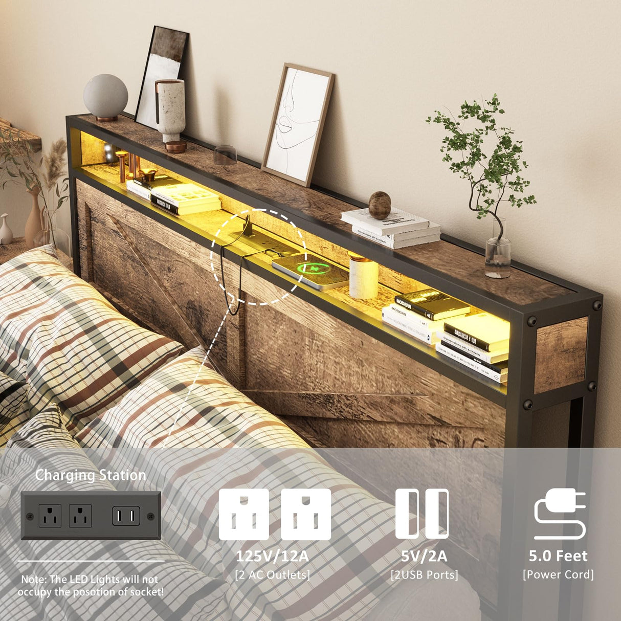 Halitaa LED Twin Size Bed Frame with Charging Station, Platform Metal Bed Frame with Headboard Storage & USB Ports Outlets, Farmhouse Bed Frame with Lights for Bedroom, Noise Free, Brown (Twin) Halitaa