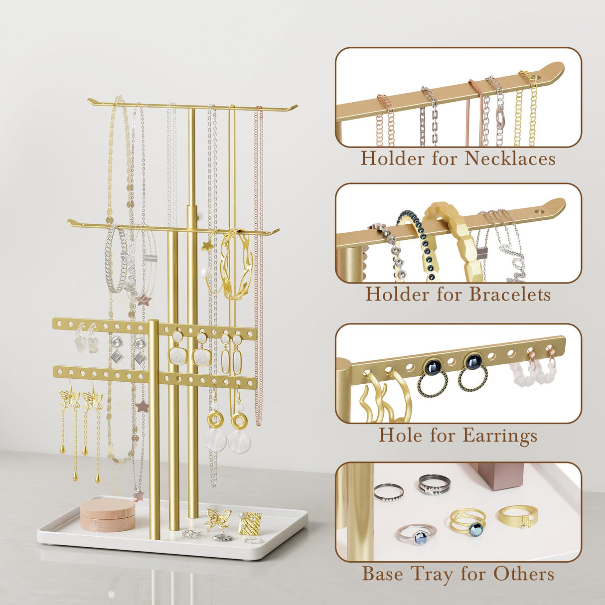 susswiff Jewelry Holder Organizer Stand - Adjustable Jewelry Tree 17.5" Height (Max), Jewlery Hanger for Necklaces, Bracelets, Earrings, Aesthetic for Storage and Display, Metal, Gold and White susswiff