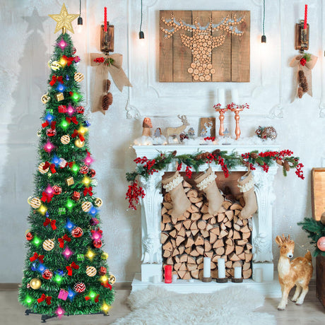 RACPNEL 5Ft Pop Up Tinsel Christmas Tree with LED Lights and Decorations, Collapsible Pencil Christmas Tree Artificial, Holiday Indoor Christmas Decorations for Home, Office, Apartment Xmas Decor RACPNEL