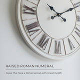 PILIHOME Large Farmhouse Wall Clock - 24 inch, Rustic White, Distressed Roman Numeral, Metal Face, Battery Operated, Modern Farmhouse Decorative Wall Clock for Living Room Decor PILIHOME