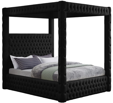 Meridian Furniture RoyalBlack-K Royal Collection Modern | Contemporary Velvet Upholstered King Bed with Soft Black Velvet, Deep Elegant Tufting, Canopy, 86.5" W x 89" D x 87" H, Black, King Meridian Furniture