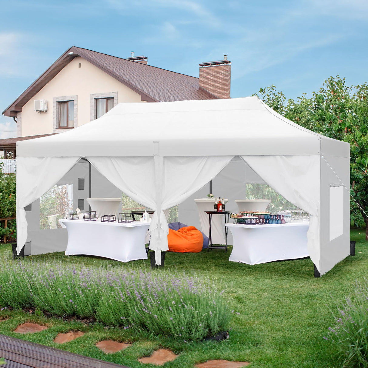 DWVO 10x20 Pop Up Heavy Duty Canopy Tent with 6 sidewalls, Roller Bag, 4 Ropes & 12 Stakes, 4 DIY Banners & 6 Sandbags for Patio, Party, Exhibition, Commerce (White) DWVO