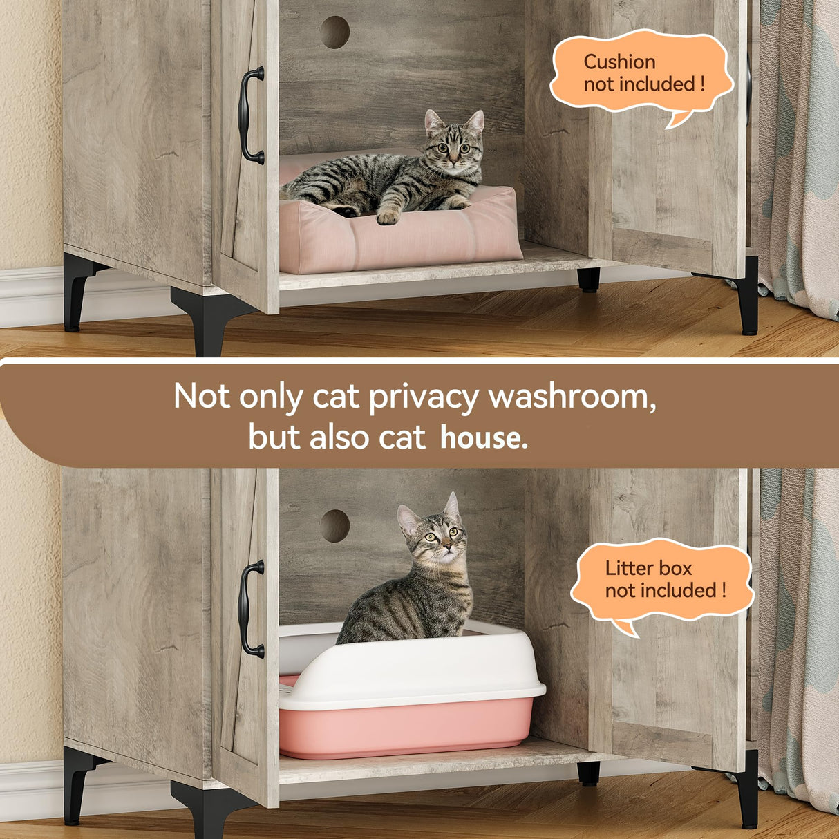 Garvee Cat Litter Box Enclosure,Hidden Litter Box Furniture with Open Shelf & Compartments, Metal Frame Indoor Cat House Furniture Cabinet for Most of Litter Box, Grey Garvee