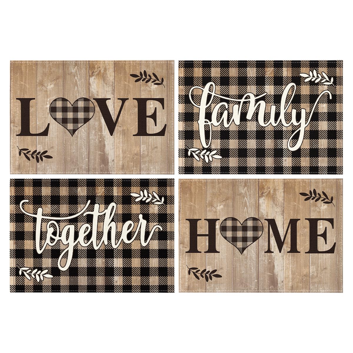 Artoid Mode Wood Love Family Home Together Buffalo Plaid Placemats Set of 4, 12x18 Inch Farmhouse Table Mats Party Kitchen Dining Decoration Artoid Mode