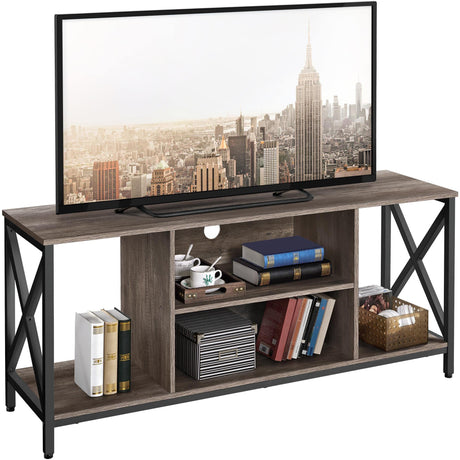 Yaheetech TV Stand for 65 Inch TV, 55'' Wide Entertainment Center TV Console with Open Storage Shelves for Living Room, TV Table for Home with Metal Support, Taupe Wood Yaheetech