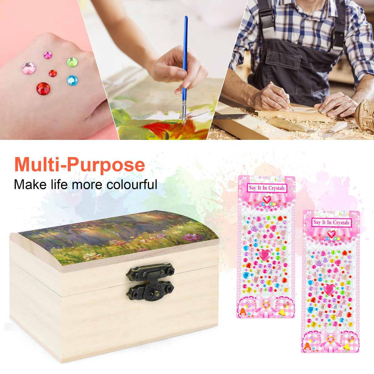 MicoSim 12 PCS Wooden Box,Treasure Chest with 12 Color Paints,12 PCS Unfinished Unpainted Wood Box with 2 Diy Adhesive Drilles,Small Wooden Box for Keepsake Boxes, Jewelry Box MicoSim