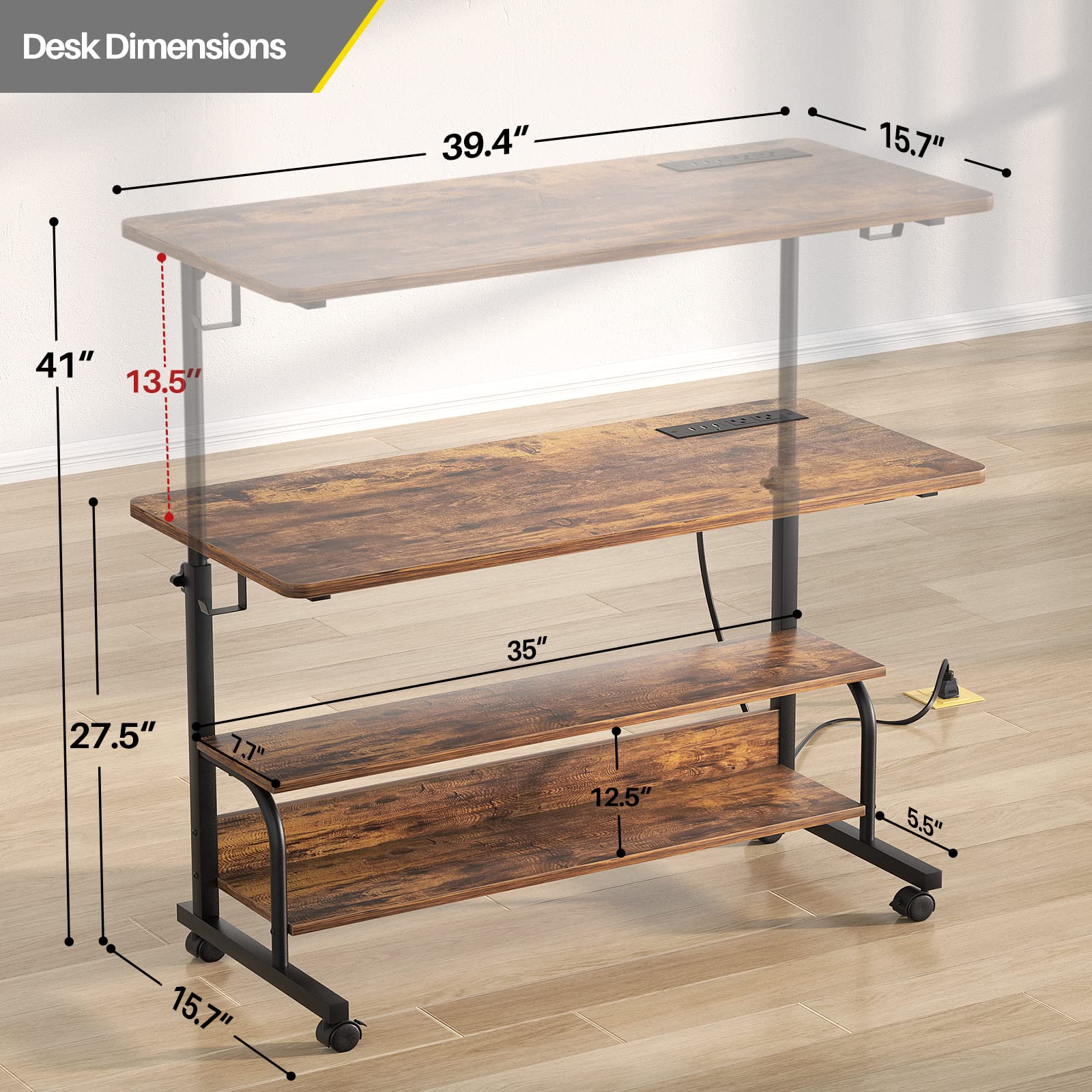 Height Adjustable Standing Desk with Power Outlets, 39" Manual Stand Up Desk with Storage Shelves Small Mobile Rolling Computer Desk Portable Laptop Table with Wheels for Home Office, Rustic - WoodArtSupply