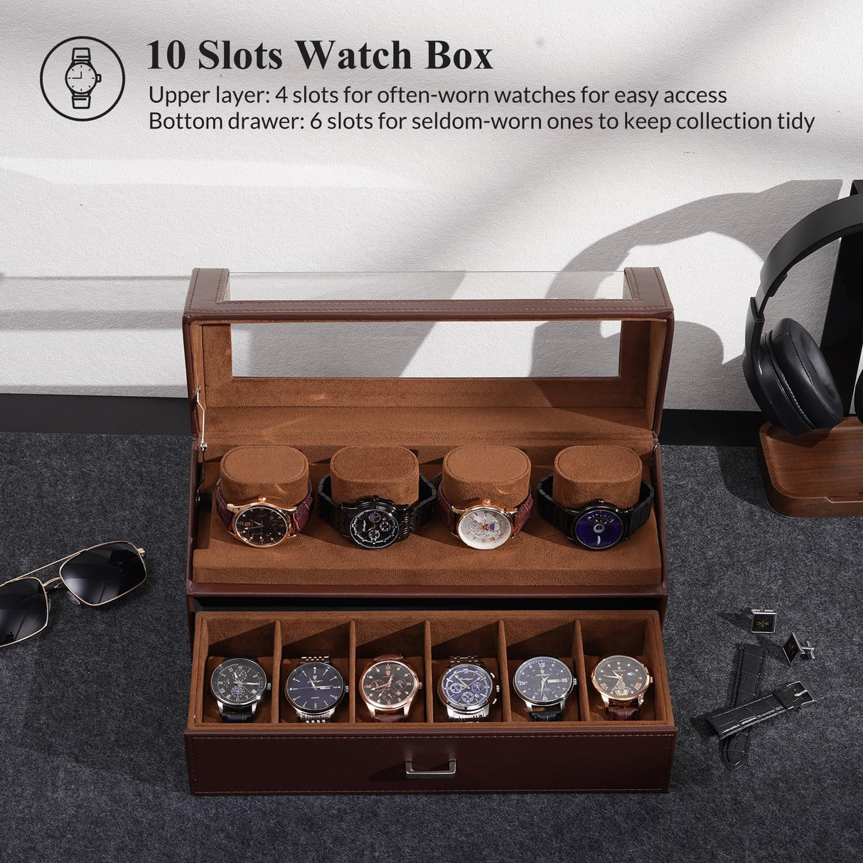ProCase Watch Case for Men, 10 Slot Watch Display Stand with Acrylic Lid, Watch Display Case with Drawer, 2-Layer Mens Watch Box, Watch Holder Organizer for Men Women -Espresso ProCase