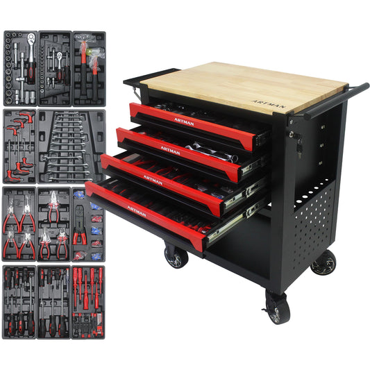 Campfun Rolling Tool Cart with 4-Drawer 266PCS Tool Set, Tool Chest Cart on Wheels, Utility Tool Box with Wooden Top Workbench, Tool Storage Cabinet Organizer for Garage, Workshop, Repair Shop